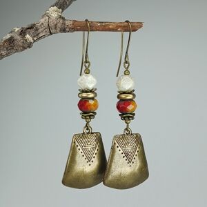 HAND CRAFTED Beaded Tribal Brass Dangle Earrings Red Orange Boho Rustic